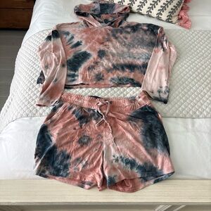 Kyodan Pink and Blue Tie-Dye Hoodie & Shorts Lounge Set
